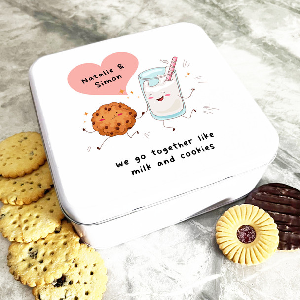 Square Happy Milk And Cookie Couple Romantic Gift Personalised Biscuit Tin
