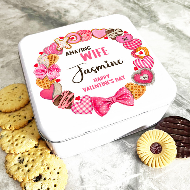 Square Pink Cookies Wreath Valentine's Day Gift Personalised Treat Tin