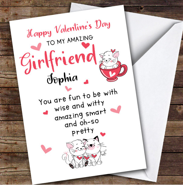 Personalised Cute Cats Pink Hearts Amazing Girlfriend Happy Valentine's Card