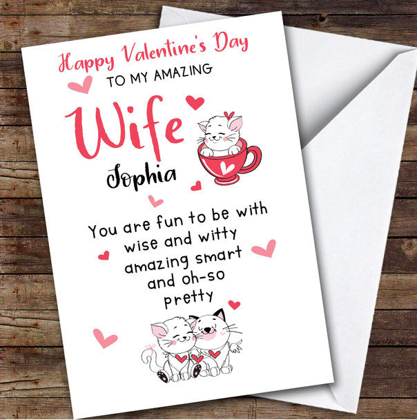 Personalised Cute Cats Pink Hearts Amazing Wife Happy Valentine's Day Card