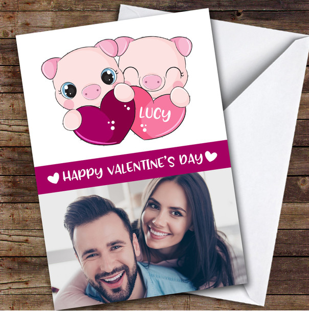 Personalised Cute Pigs Pink & Purple Hearts Photo Happy Valentine's Day Card