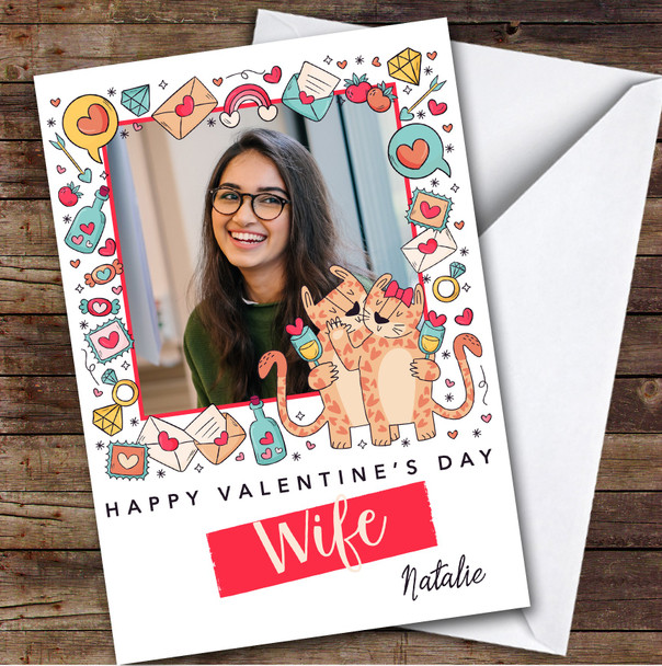 Personalised Doodle Icons Cats Photo Happy Valentine's Day Wife Card