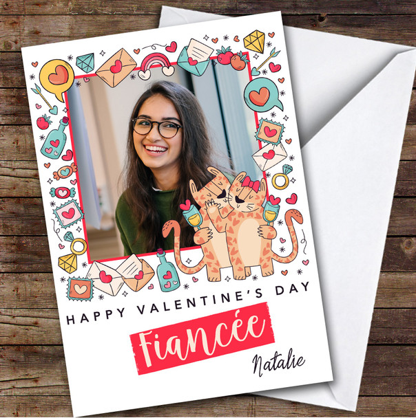 Personalised Doodle Icons Cats Photo Happy Valentine's Fiancée Card