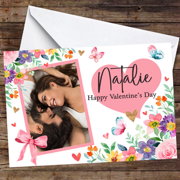 Personalised Floral Bright Butterflies Photo Happy Valentine's Day Card