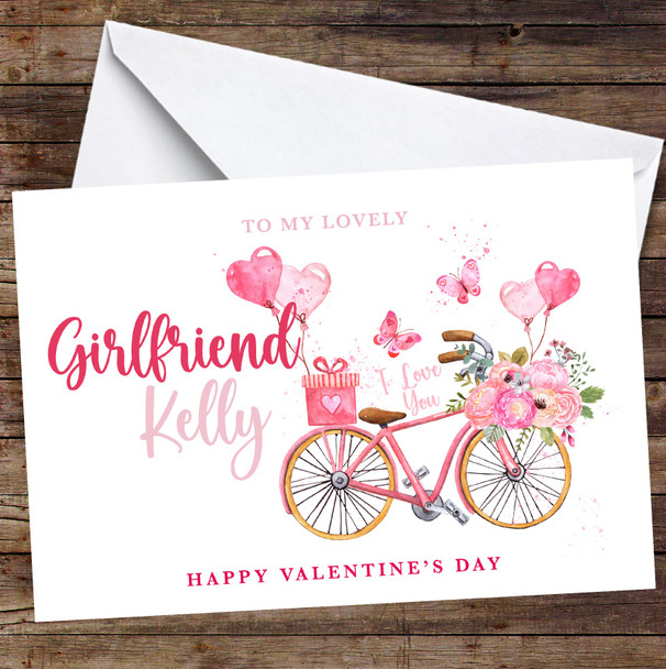 Personalised Girlfriend Valentine's Card Watercolour Hearts Balloons Bike Card