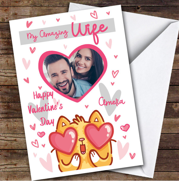 Personalised Heart Eyes Cat Romantic Pink Amazing Wife Valentine's Day Card