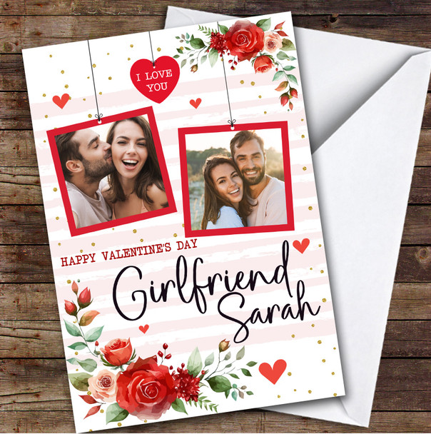 Personalised Red Floral Hanging Photos Happy Valentine's Day Girlfriend Card
