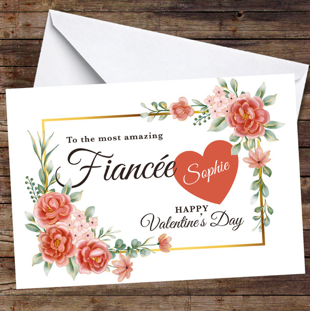 Personalised Valentine's Card For Fiancée Red And Gold Floral Card