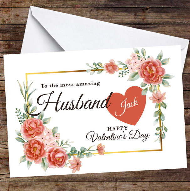 Personalised Valentine's Card For Husband Red And Gold Floral Card