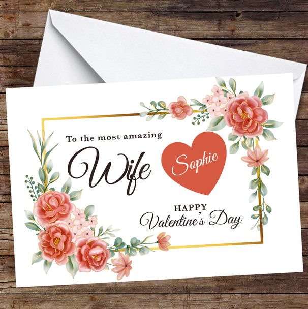 Personalised Valentine's Card For Wife Red And Gold Floral Card