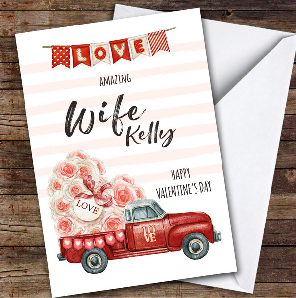 Personalised Valentine's Card For Wife Watercolour Red Love Truck Card