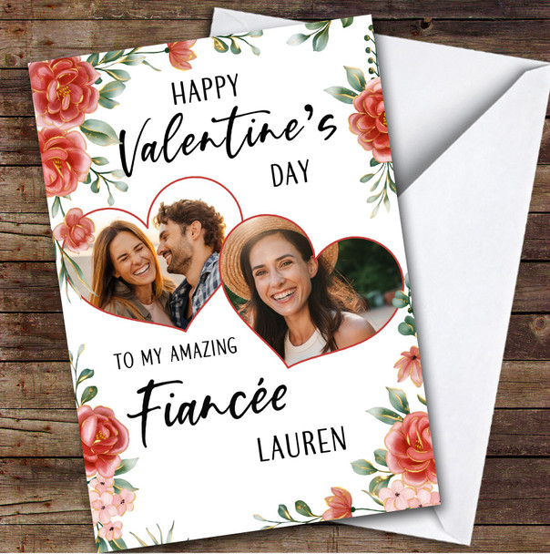 Personalised Valentine's Day Card For Fiancée Hearts Floral Photo Card