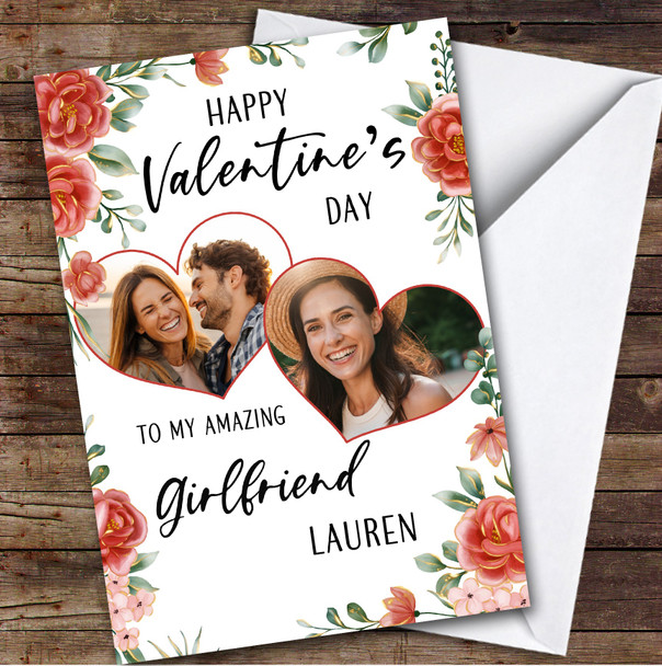 Personalised Valentine's Day Card For Girlfriend Hearts Floral Photo Card