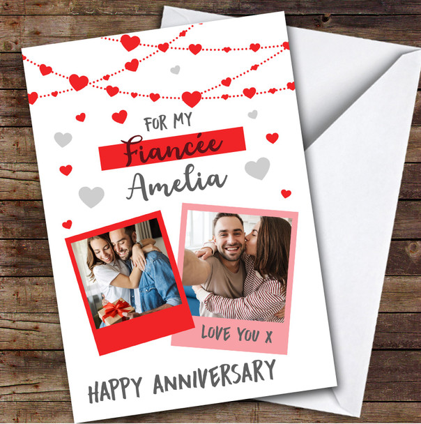 Personalised For My Fiancée Hearts Polaroid Photos Happy Anniversary Card