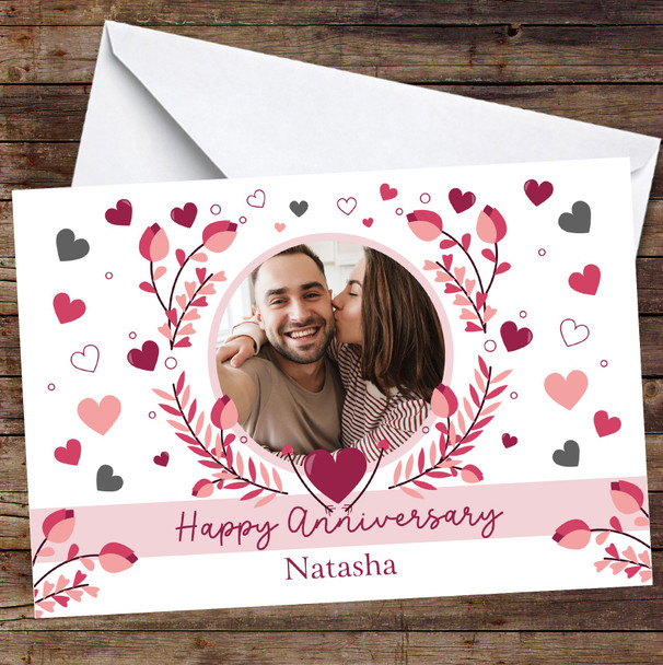 Personalised Happy Anniversary Card Photo Pink Flowers Card