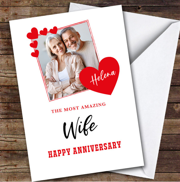 Personalised Hearts Border Photo Romantic Amazing Wife Happy Anniversary Card