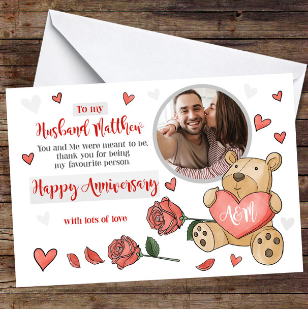 Personalised Husband Anniversary Card Bear Rose Photo Card