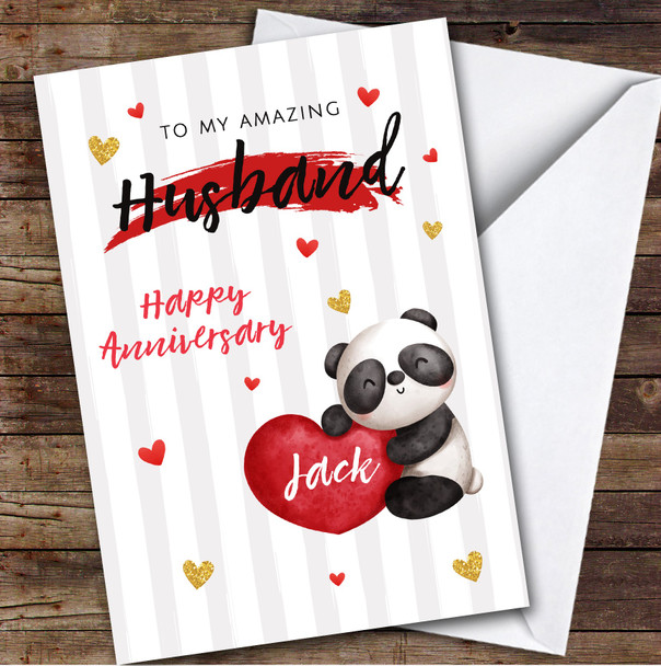 Personalised Panda Hearts Amazing Husband Happy Anniversary Card