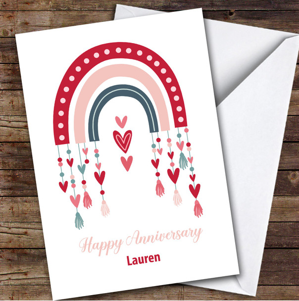 Personalised Pastel Pink Tassell Heart Rainbow Romantic Happy Anniversary Card