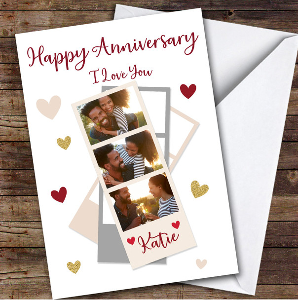 Personalised Photo Strip Happy Anniversary I Love You Romantic Hearts Card