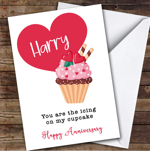 Personalised Pink Hearts Cupcake Icing On My Cake Happy Anniversary Card