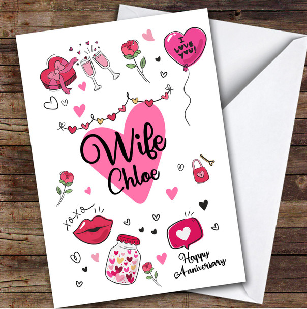 Personalised Pink Icons Romantic Doodles Wife Happy Anniversary Card