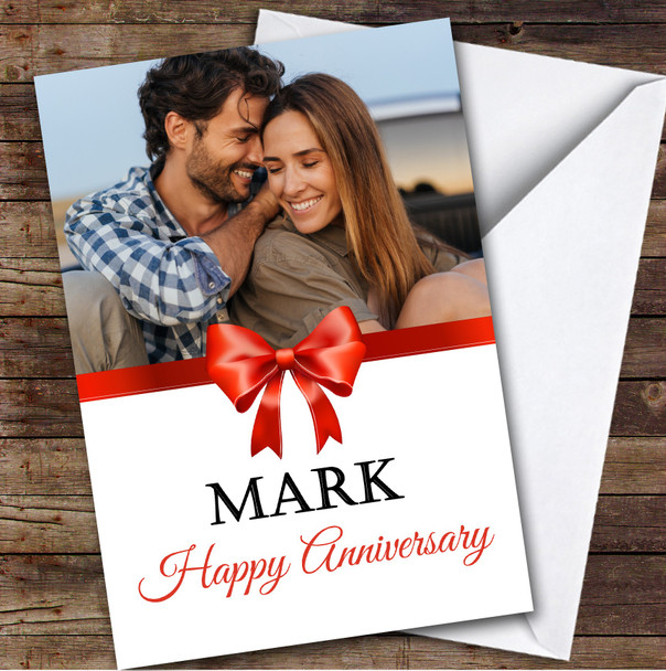 Personalised Red Ribbon Bow Romantic Photo Happy Anniversary Card