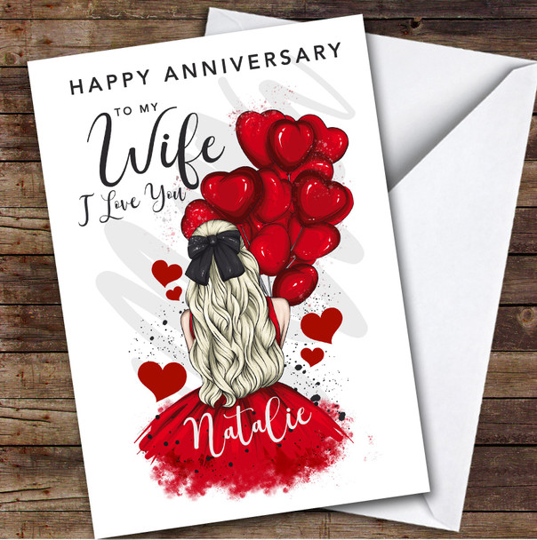 Personalised Woman With Red Heart Balloons Romantic Happy Anniversary Wife Card