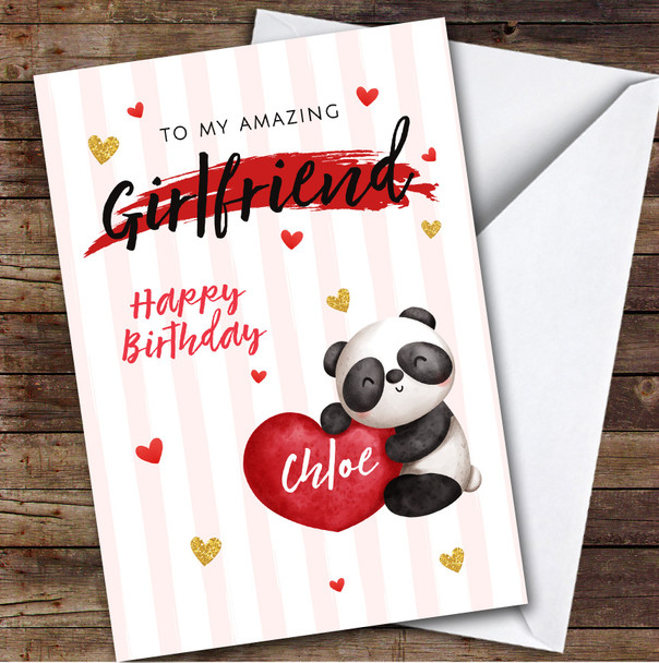 Personalised Panda Hearts Amazing Girlfriend Happy Birthday Card
