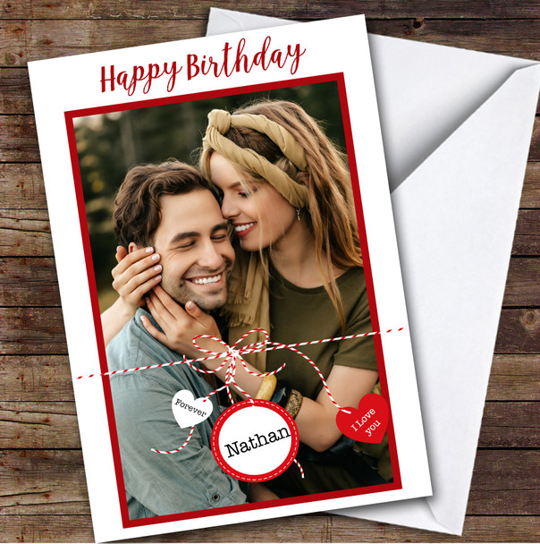 Personalised Romantic I Love You Forever Photo Ribbon Hearts Happy Birthday Card