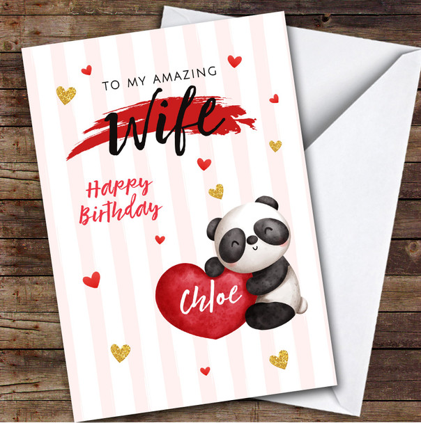 Personalised Watercolour Panda Romantic Hearts Amazing Wife Happy Birthday Card