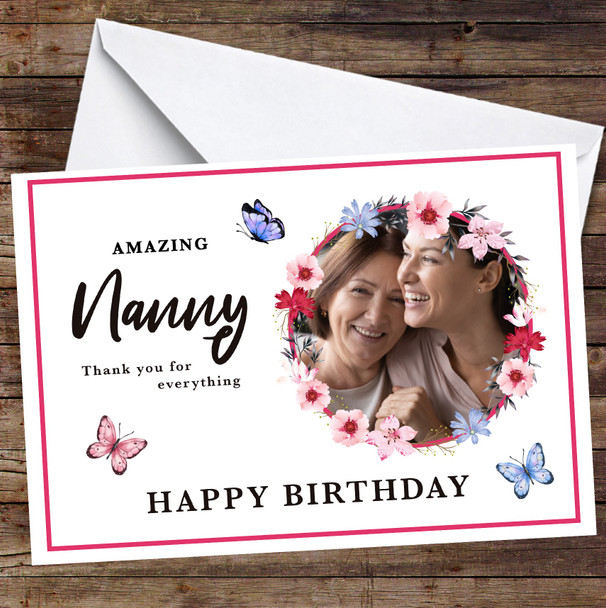 Personalised Amazing Nanny Birthday Card Floral Butterflies Photo Card