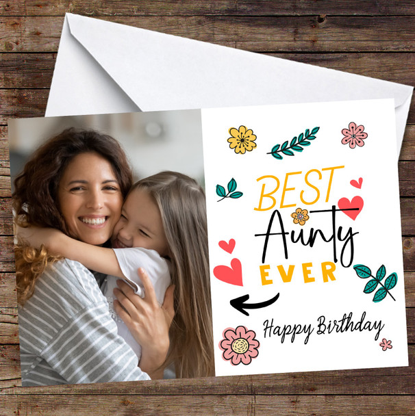 Personalised Best Aunty Ever Floral Hearts Doodle Photo Happy Birthday Card