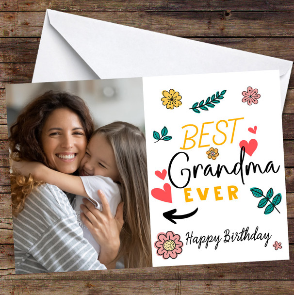 Personalised Best Grandma Ever Floral Hearts Doodle Photo Happy Birthday Card