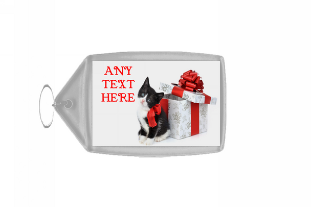 Black And White Cute Kitten Christmas Personalised Keyring