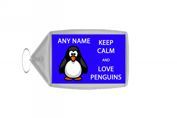 Keep Calm And Love Penguins Blue Personalised Large Keyring