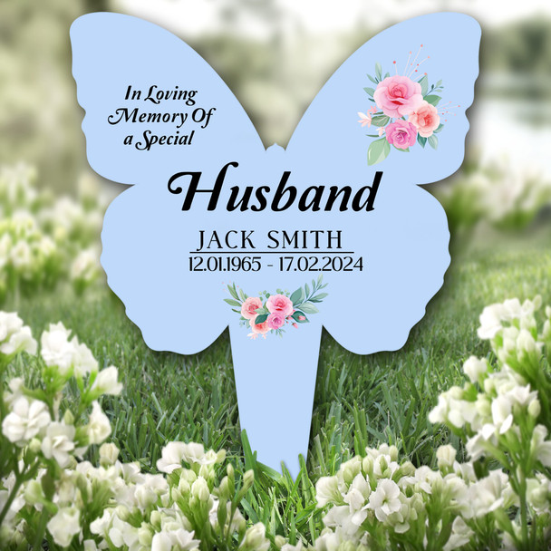 Butterfly Blue Husband Floral Remembrance Garden Plaque Grave Memorial Stake