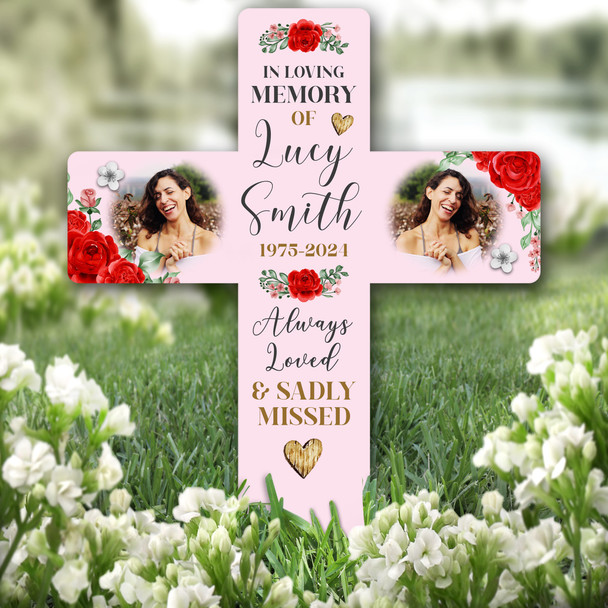 Cross In Loving Memory Red Roses Photo Pink Grave Garden Plaque Memorial Stake