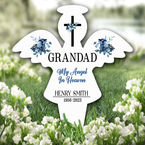 Angel Grandad Blue Floral Remembrance Garden Plaque Grave Marker Memorial Stake