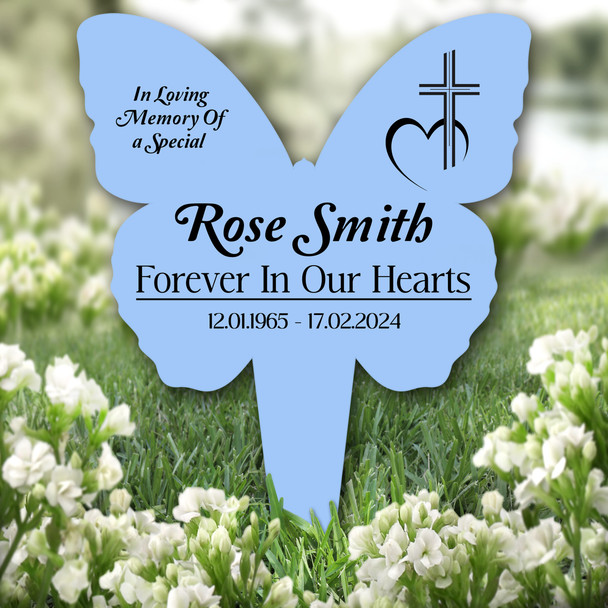 Butterfly Blue Cross With Heart Remembrance Garden Plaque Grave Memorial Stake