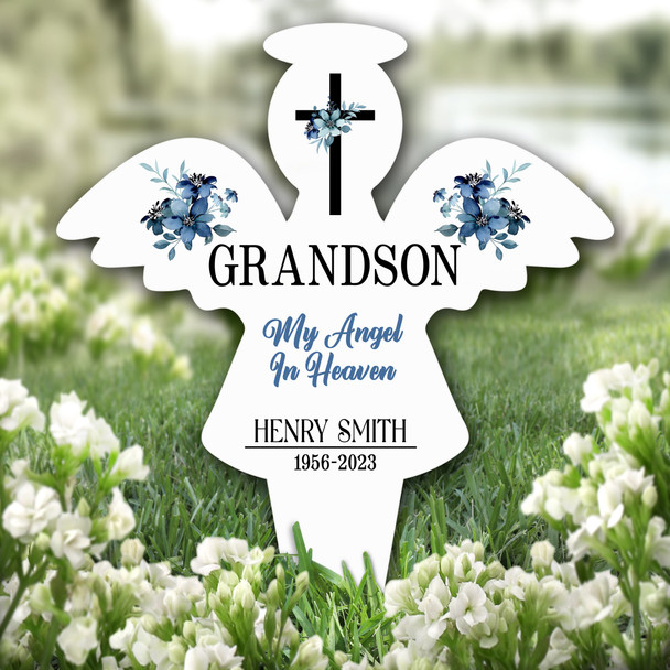 Angel Grandson Blue Floral Remembrance Garden Plaque Grave Marker Memorial Stake