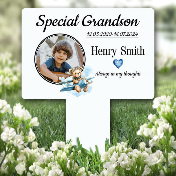 Teddy Bear Flying Plane Photo Remembrance Grave Garden Plaque Memorial Stake