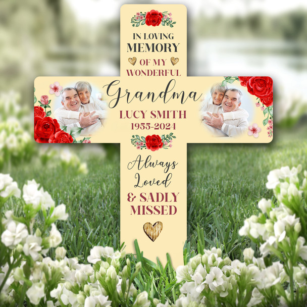 Cross Grandma Red Roses Photo Yellow Remembrance Grave Plaque Memorial Stake