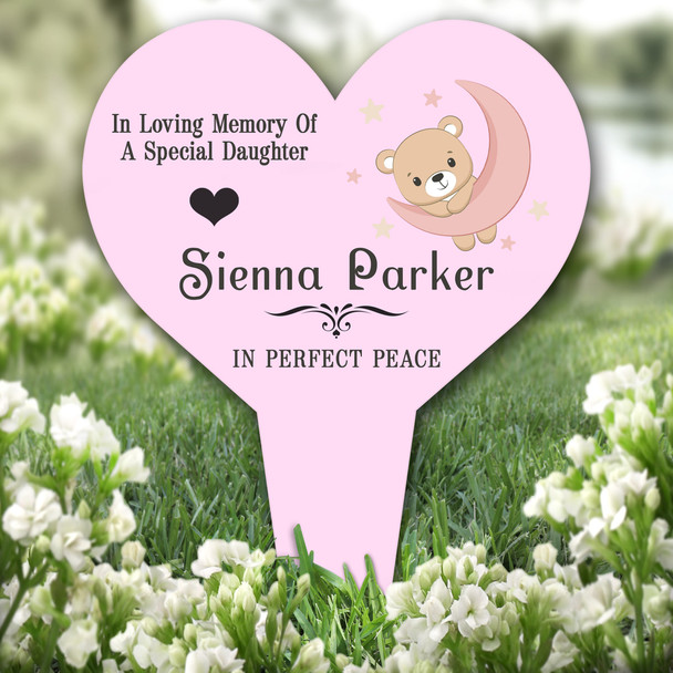Heart Daughter Baby Bear Moon and Stars Pink Grave Garden Plaque Memorial Stake