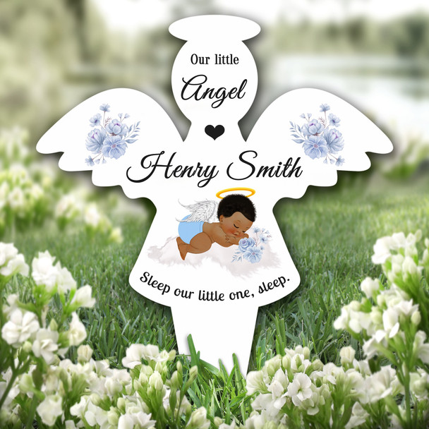 Angel Dark Skin Curly Hair Baby Boy Wings Grave Garden Plaque Memorial Stake