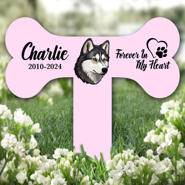 Bone Pink Husky Dog Heart Pet Remembrance Garden Plaque Grave Memorial Stake