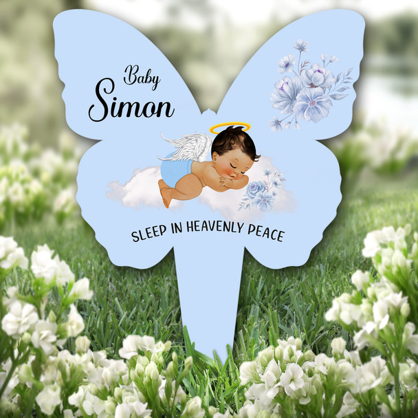 Butterfly Blue Brown Hair Baby Boy Remembrance Plaque Grave Memorial Stake