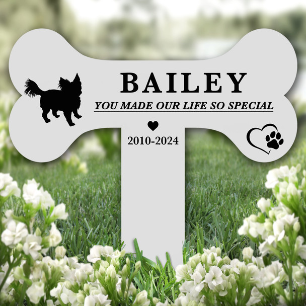 Bone Long Haired Chihuahua Dog Pet Remembrance Grave Plaque Memorial Stake