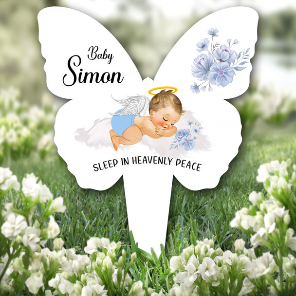 Butterfly Blonde Hair Baby Boy Blue Remembrance Plaque Grave Memorial Stake