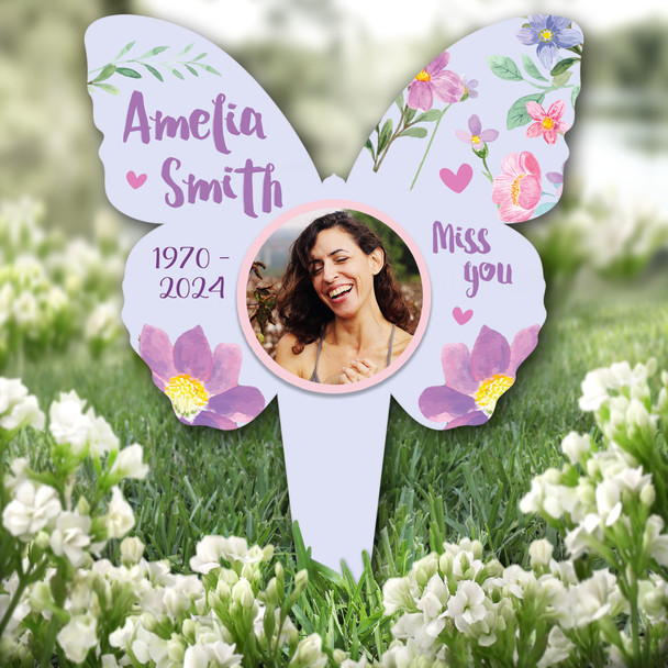 Butterfly Miss You Purple Flower Photo Remembrance Grave Plaque Memorial Stake